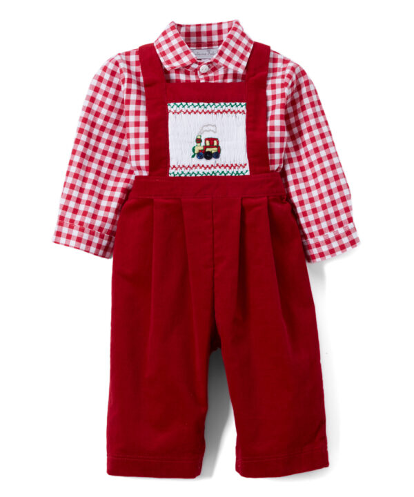 Smocked Chou Chou Train Red Overalls & Shirt by FantaisieKids