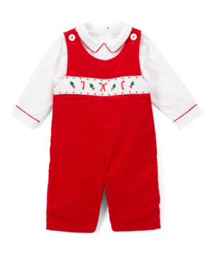 Smocked Candy Cane Overalls & White Shirt by Smocked Bebe