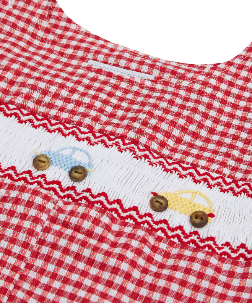 Red Gingham Smocked Jon Jons With MultiColor Car Detail Smocked Bebe
