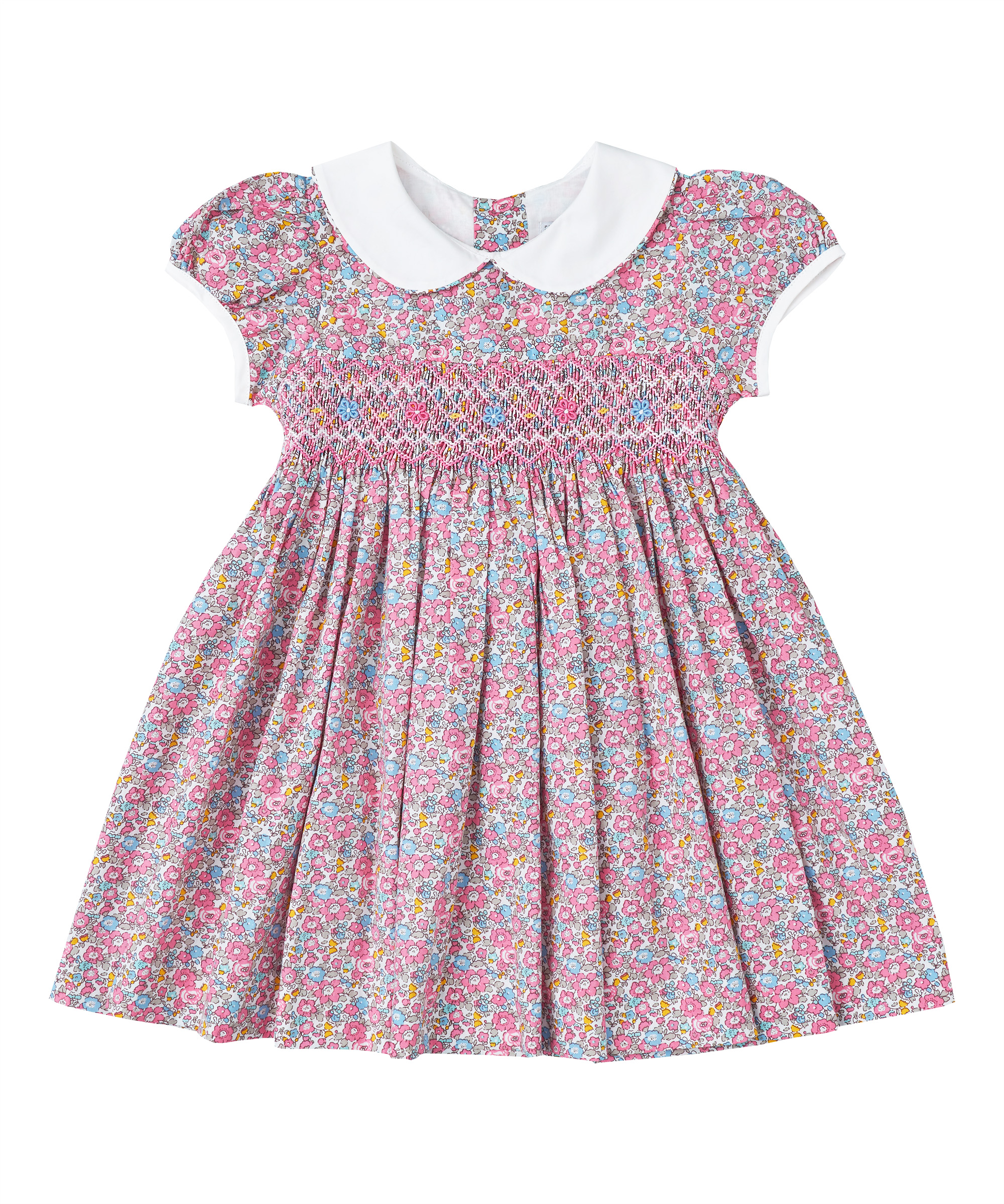 Pink & Blue Floral Smocked Peter Pan Collar Dress - Smocked Bebe