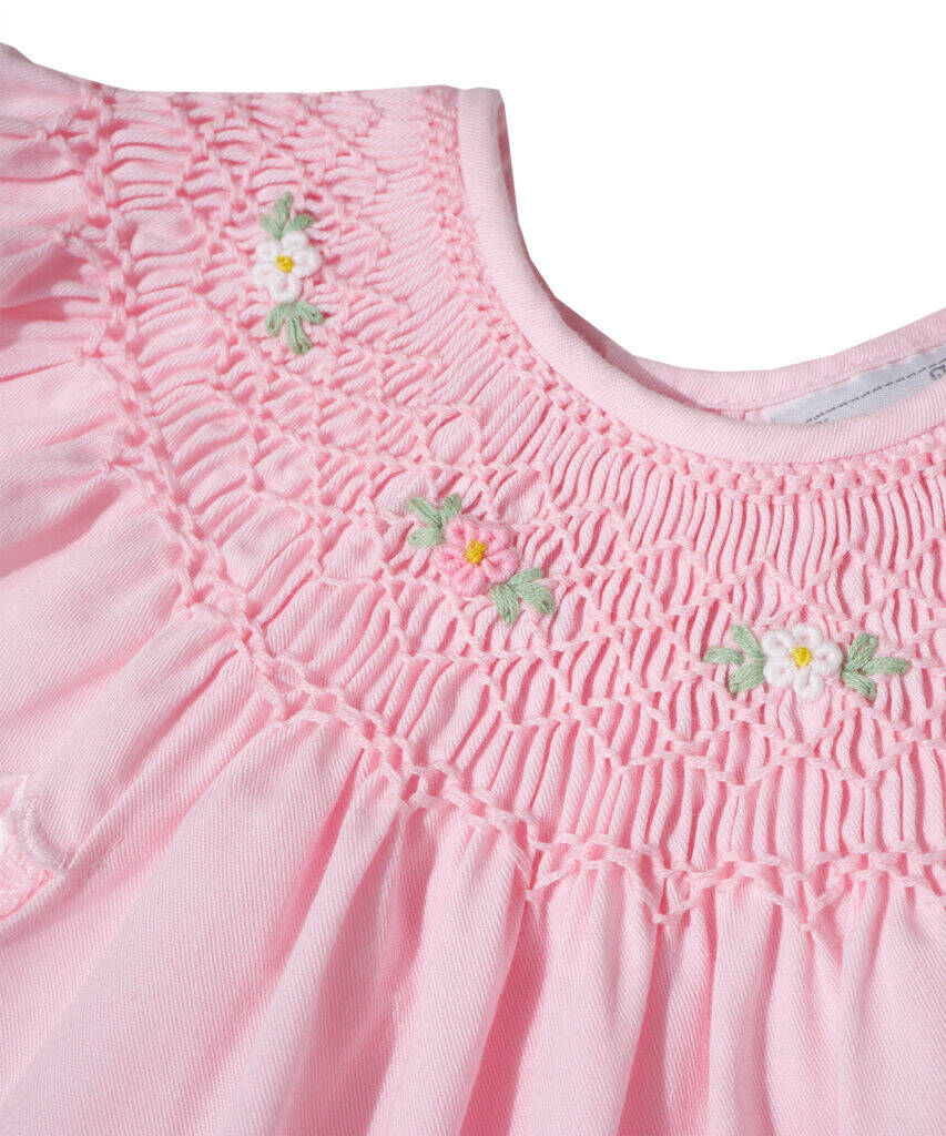 Pink Angel Sleeve Hand Smocked & Embroidered Scalloped Dress - Smocked Bebe